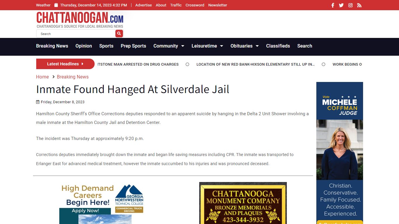 Inmate Found Hanged At Silverdale Jail - Chattanoogan.com