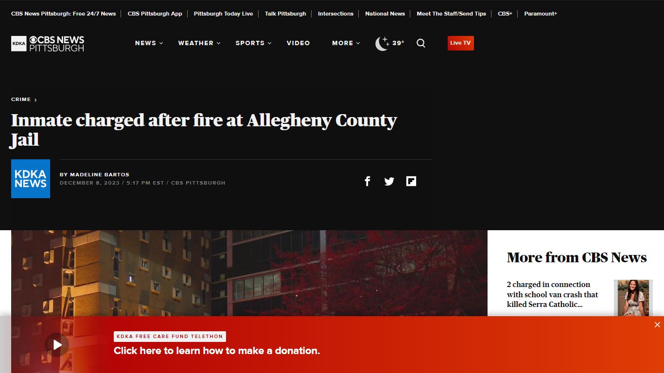 Inmate charged after fire at Allegheny County Jail
